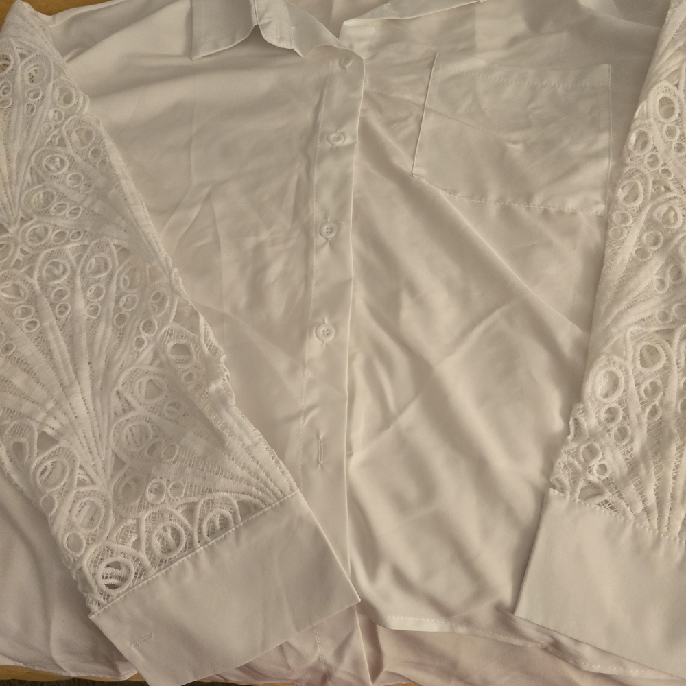 White Lace Sleeve Button-Up Shirt